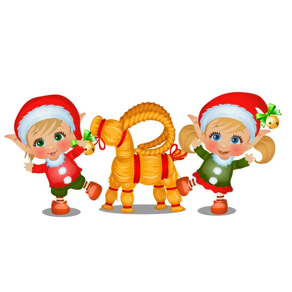 Conjunto de menina e menino Santas ajudantes com ovelha palha isolada no fundo branco. Os atributos do Natal e Ano Novo. Desenhos animados vetoriais ilustração close-up . —  Vetores de Stock