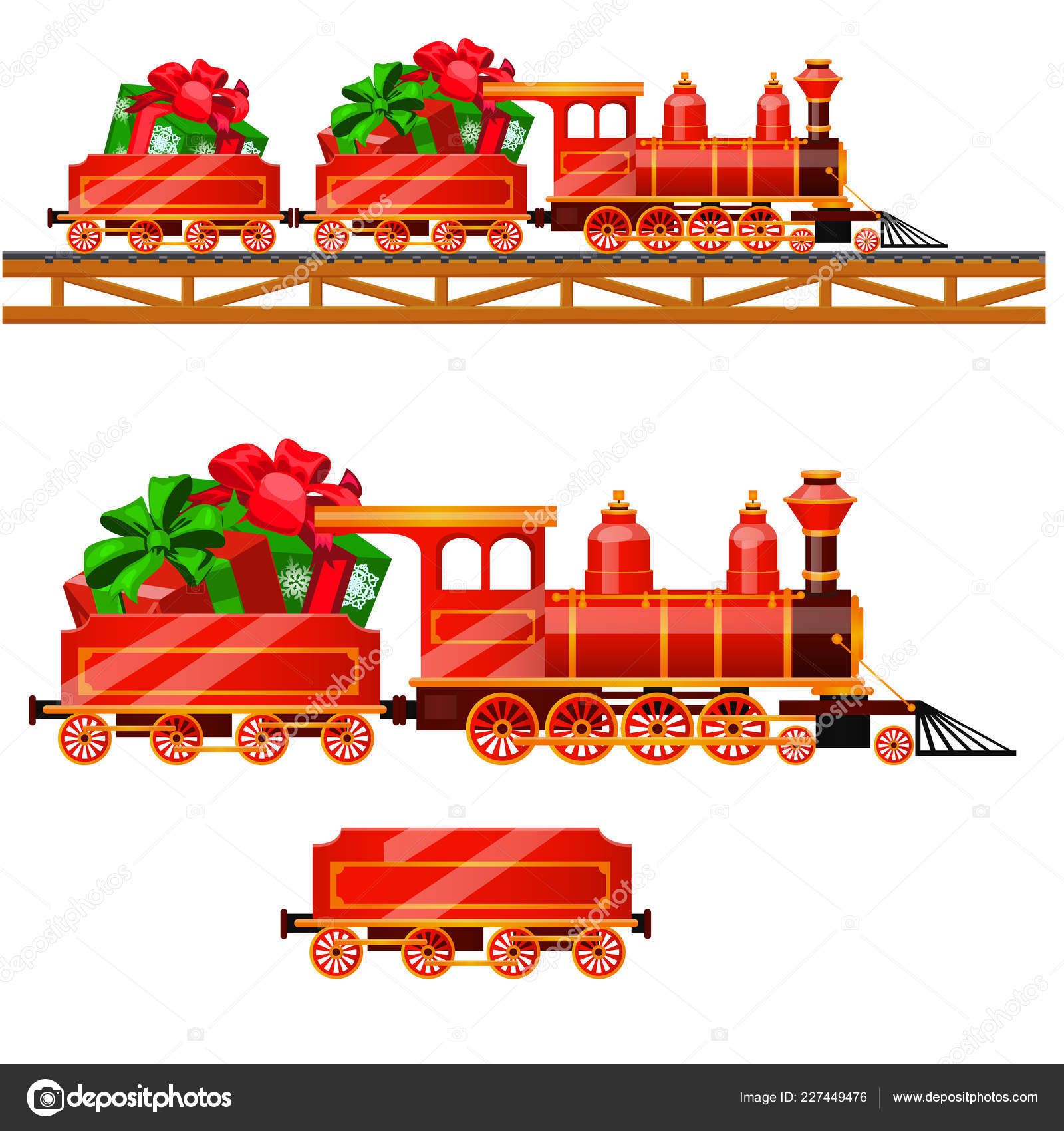 철도 마차와 작은 빨간 기차는 흰색 배경에 고립 된 크리스마스 선물 상자를 운반 합니다. 벡터 만화-일러스트 레이 션. 스톡 벡터 -  ©Anton_Lunkov 227449476, image size:1600x1700