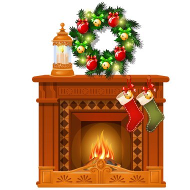 Şömine ve süslemeleri, cam toplar ve baubles ile Noel kroki. Kroki için tebrik kartı, Festival poster, yeni yıl eğlencesi daveti. Noel ve yeni yıl öznitelikleri. Vektör çizim.