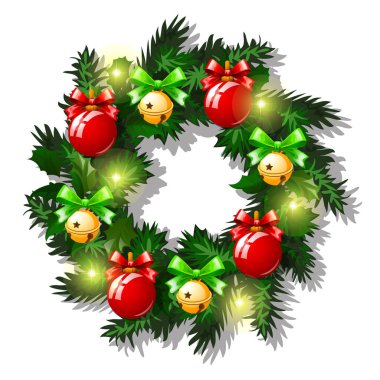 Köknar Twigs çelenk ile Noel kroki kırmızı Baubles ve cam topları, Garland, altın Jingle Bells ile kırmızı kurdele yay dekore edilmiştir. Poster, davet ve diğer kartı vektör çizim örneği.