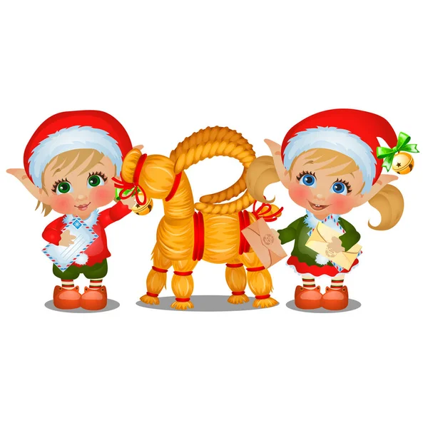 Set med flicka och pojke Santas hjälpare med halm får isolerad på vit bakgrund. Attributen för jul och nyår. Vektor tecknad närbild illustration. — Stock vektor