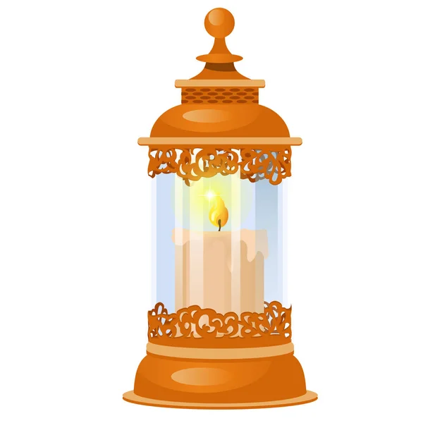 Decorative element on theme of Christmas and New year isolated on white background. Glass transparent lamp in oriental style or glowing lantern with burning candle. Vector cartoon close-up. — Stock Vector