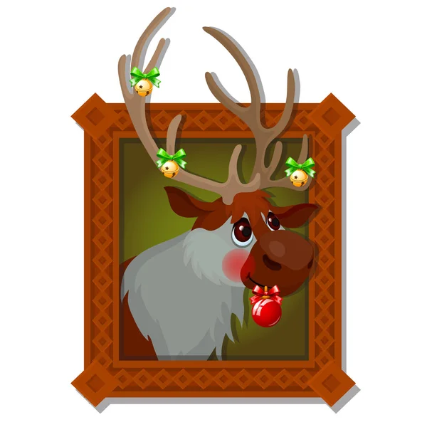 Wall picture in a wooden frame with Christmas deer with Golden jingle bells and festive baubles isolated on a white background. Vector cartoon close-up illustration. — Stock Vector