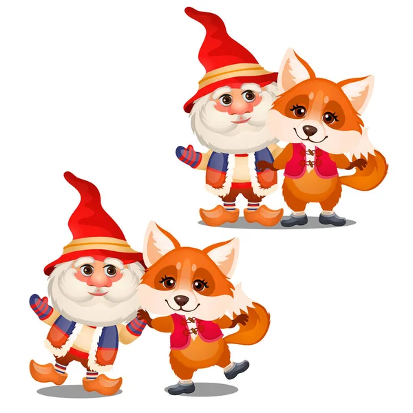 Set aus lustig lächelndem Gnom und animiertem Fuchs isoliert auf weißem Hintergrund. Skizze eines weihnachtlichen Festplakats, einer Party-Einladung, einer anderen Urlaubskarte. Vektor-Karikatur in Nahaufnahme. — Stockvektor