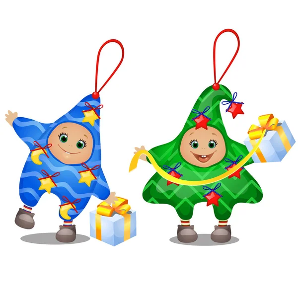 Karnevalkostymer för barn. Uppsättning av mjuk roliga juldekorationer i form av stjärnan och julgran isolerad på vit bakgrund. Skiss av festliga affisch, inbjudan, julkort. — Stock vektor