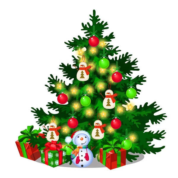 Julgran med dekorationer, presentaskar, grannlåt, snögubbe isolerad på vit bakgrund. Skiss över jul festliga affisch, inbjudan, julkort. Vektor tecknad närbild illustration. — Stock vektor