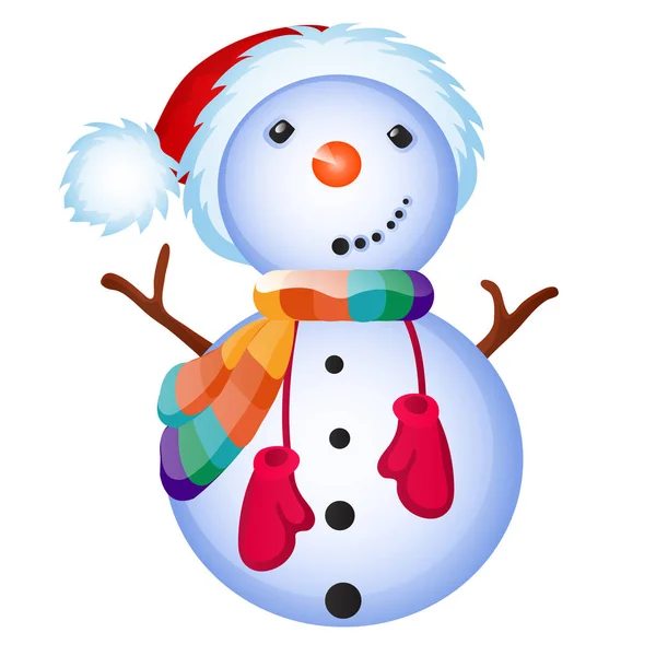 Carino il pupazzo di neve sorride isolato su uno sfondo bianco. Schizzo di Natale poster festivo, invito alla festa, altro biglietto natalizio. Illustrazione ravvicinata del fumetto vettoriale . — Vettoriale Stock