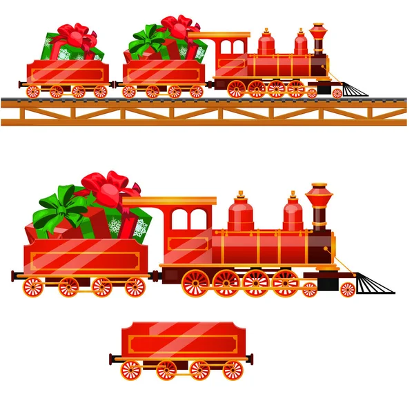 Malý červený vlak s vozy po železnici nese boxy s vánoční dárky izolovaných na bílém pozadí. Vektor kreslené detail obrázku. — Stockový vektor