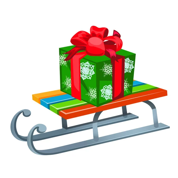 Eisen-Schlitten mit festlicher Geschenkbox isoliert auf weißem Hintergrund. Muster von Weihnachtsposter, Partyeinladungen und anderen Karten. Vektor-Karikatur in Nahaufnahme. — Stockvektor