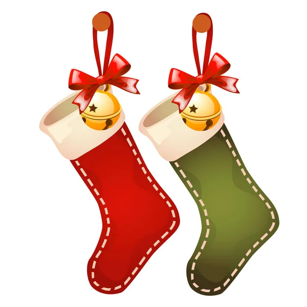 Set of hanging colored socks red and green colors isolated on white background. Sketch for greeting card, festive poster, party invitations. Attributes of Christmas and New year. Vector close-up. — Stock Vector