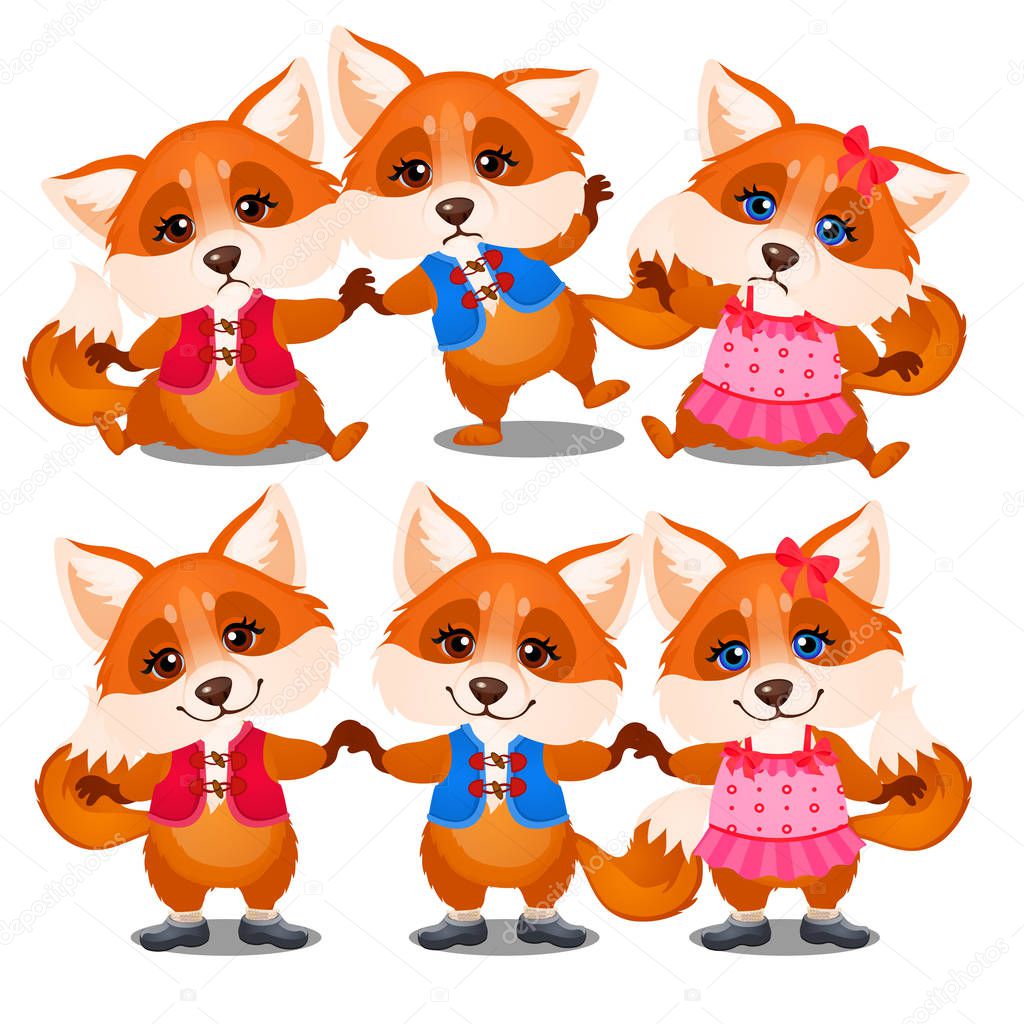 Set of happy and sad animated foxes isolated on a white background. Funny animals. Sketch of festive poster, party invitation, other holiday card. Vector cartoon close-up illustration