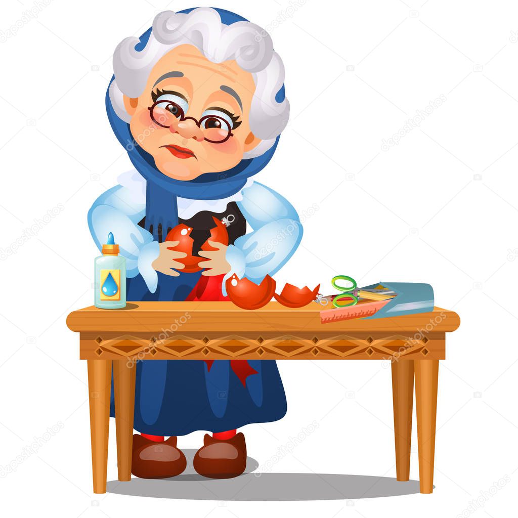 Sad animated old lady glued up the broken Christmas toys isolated on a white background. Sketch of Christmas festive poster, party invitation, other holiday card. Vector cartoon close-up illustration.