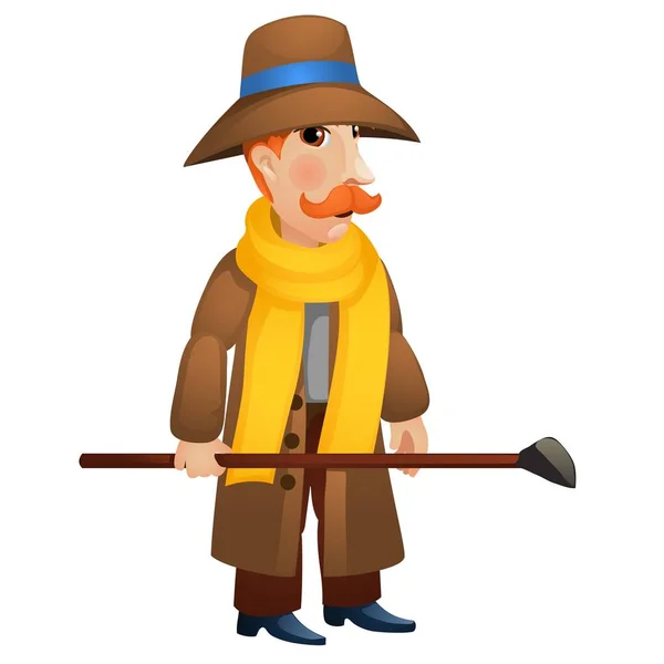 Un hombre con un abrigo y un sombrero sosteniendo un palo en sus manos aislado sobre fondo blanco. ilustración de primer plano de dibujos animados vectoriales . — Archivo Imágenes Vectoriales