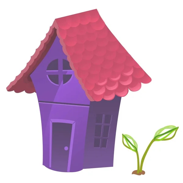 Rumah warna ungu yang indah dengan atap merah muda terisolasi dengan latar belakang putih. Ilustrasi close-up kartun vektor . - Stok Vektor