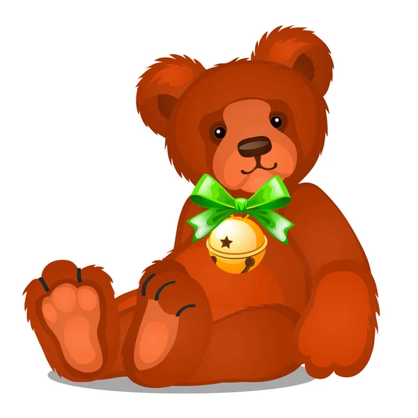 Stofftier-Teddybär mit Glöckchen mit grüner Schleife isoliert auf weißem Hintergrund. Skizze eines weihnachtlichen Festplakats, einer Party-Einladung, einer anderen Urlaubskarte. Vektor-Karikatur in Nahaufnahme — Stockvektor