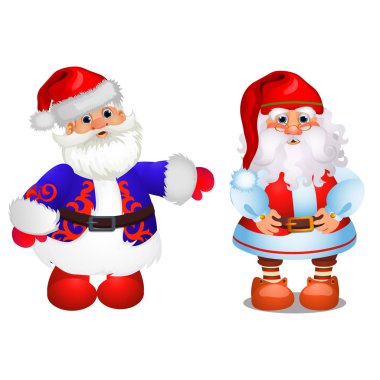 Beyaz arka plan üzerinde izole kırmızı ve mavi yılbaşı kostüm animasyonlu Noel Baba'ya kümesi. Poster, yeni yıl eğlencesi daveti ve başka bir kart örneği. Vektör karikatür yakın çekim Şekil