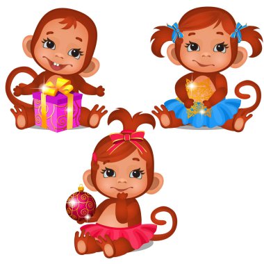 Beyaz bir arka plan üzerinde izole Noel hediyeleri ile oynarken şirin çocuk maymun kümesi. Kroki Noel şenlikli poster, yeni yıl eğlencesi daveti, diğer tatil kartı. Vektör karikatür yakın çekim Şekil.