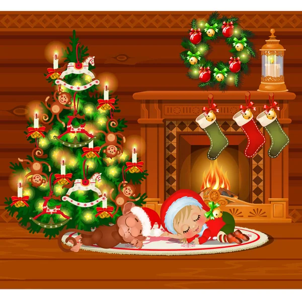 A régi hangulatos fa vidéki házban. Lakberendezési. Vázlat a karácsonyi ünnepi plakát, meghívó, más üdvözlőlap-ünnep. Kis fiú és majom aludni. Vektor rajzfilm közeli illusztrációs. — Stock Vector