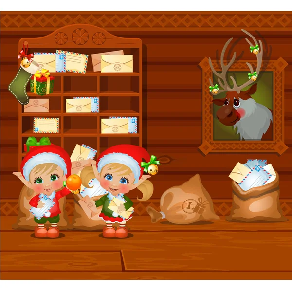 Inside the old cozy wooden village house. Home furnishing. Santas helpers read letters. Sketch of Christmas festive poster, party invitation, other holiday card. Vector cartoon close-up illustration. — Stock Vector