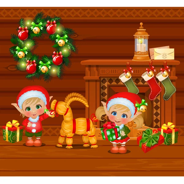 Inside the old cozy wooden village house. Home furnishing. Boy and girl Santa Claus helpers and straw sheep. Sketch of Christmas festive poster, party invitation, holiday card. Vector cartoon. — Stock Vector
