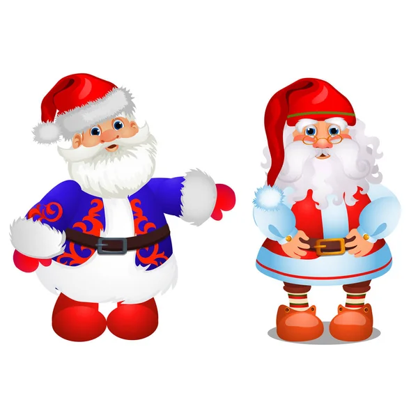 Set of animated Santa Claus in red and blue Christmas costume isolated on white background. Sample of poster, party invitation and other card. Vector cartoon close-up illustration — Stock Vector