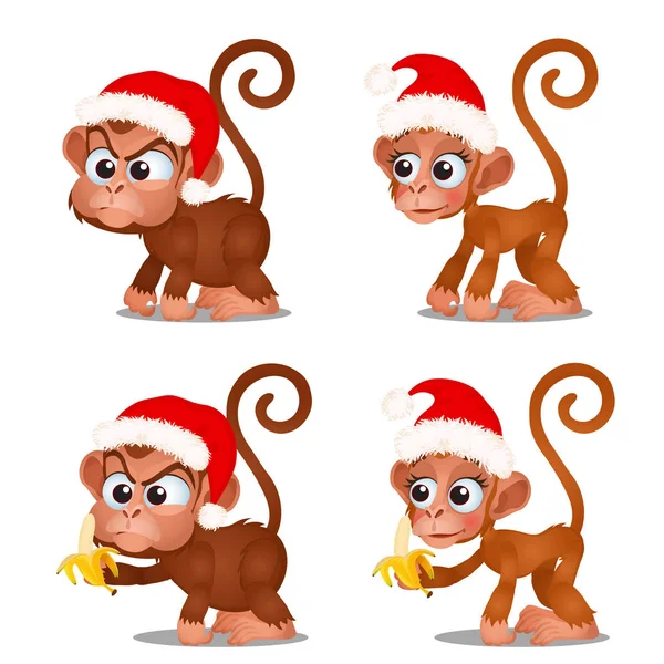 Набор милый обезьяна с красной шапкой Санта-Клауса и бананы изолированы на белом фоне. Рисунок праздничного плаката, приглашения на вечеринку, другая праздничная открытка. Векторная иллюстрация крупным планом . — стоковый вектор