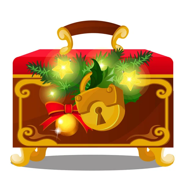 자물쇠를 가진 오래 된 가슴 가문비나무, 황금 지팡이 흰색 배경에 고립의 나뭇가지 장식. 크리스마스 축제 포스터, 파티 초대장, 크리스마스 카드의 밑그림. 벡터 만화 클로즈업. — 스톡 벡터