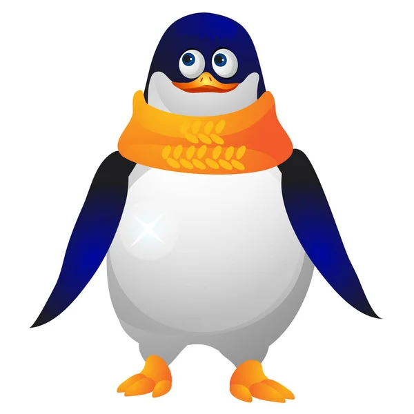 Schattig dikbuikig penguin in een gele gebreide sjaal geïsoleerd op een witte achtergrond. Schets van feestelijke Kerstaffiche, uitnodiging, andere kerstkaart. Vectorillustratie cartoon close-up. — Stockvector