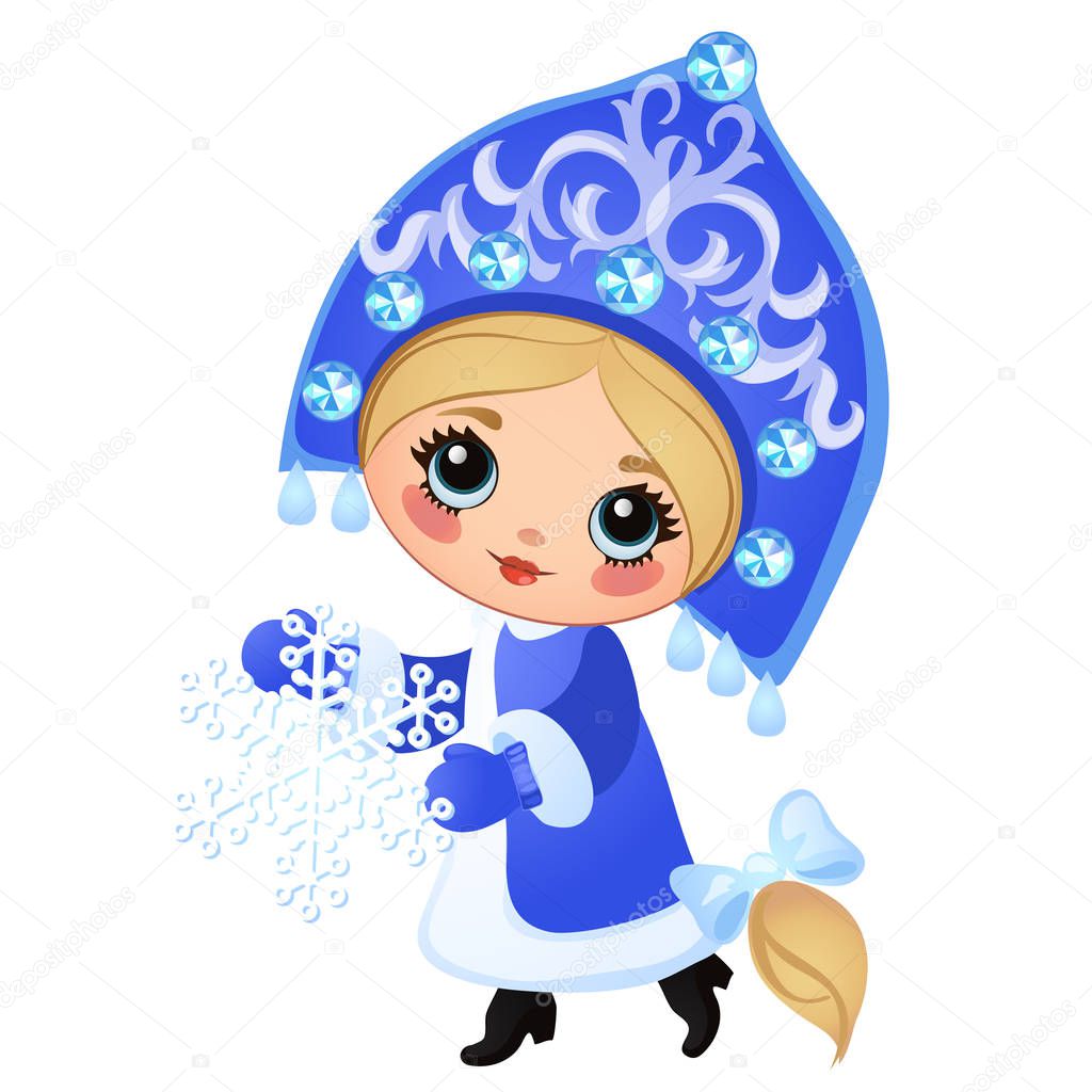 Beautiful young girl snow maiden isolated on white background. Character of Russian folklore. Sketch of Christmas festive poster, party invitation, holiday card. Vector cartoon close-up illustration.