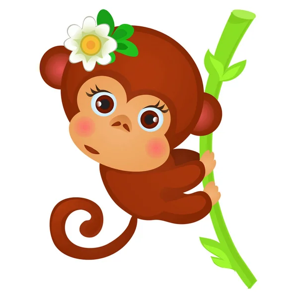 Милая обезьянка на стебле бамбука, изолированном на белом фоне. Экзотические животные. Рисунок праздничного плаката, приглашения на вечеринку, другая открытка. Векторная иллюстрация крупным планом . — стоковый вектор