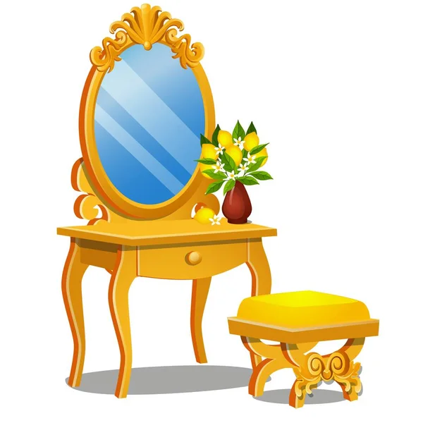Uma mesa vintage para cosméticos, banquetas e um espelho com moldura isolada em fundo branco. Desenhos animados vetoriais ilustração close-up . — Vetor de Stock