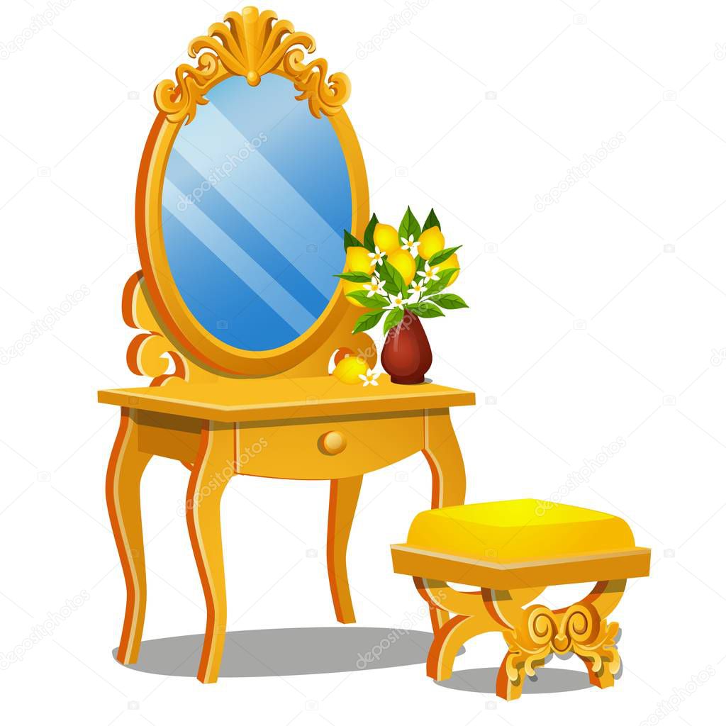 A vintage table for cosmetics, stool and a mirror with frame isolated on white background. Vector cartoon close-up illustration.