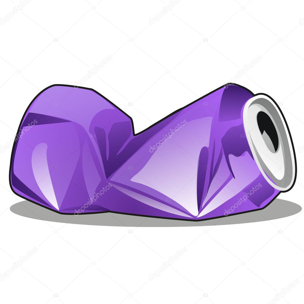 Crumpled tin can purple color isolated on white background. Vector cartoon close-up illustration.