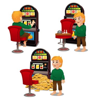 Genç adam satranç oynamaktan animasyonlu ve slot makineleri üzerinde beyaz arka plan izole para kazandı. Vektör karikatür yakın çekim Şekil.