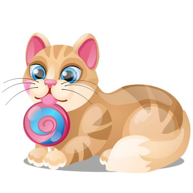 Çizgili kedi beyaz arka plan üzerinde izole lolipop yalıyor. Vektör karikatür yakın çekim Şekil.