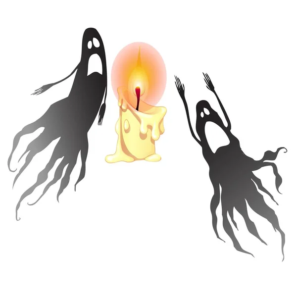 Két fekete szellemek és egy égő gyertya, elszigetelt fehér background. Vektor rajzfilm közeli illusztrációs. — Stock Vector