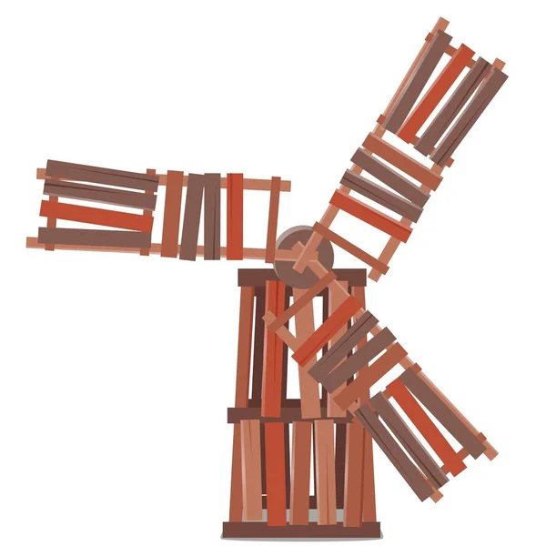 Dřevitá moučka větrný mlýn izolovaných na bílém pozadí. Vektor kreslené detail obrázku. — Stockový vektor