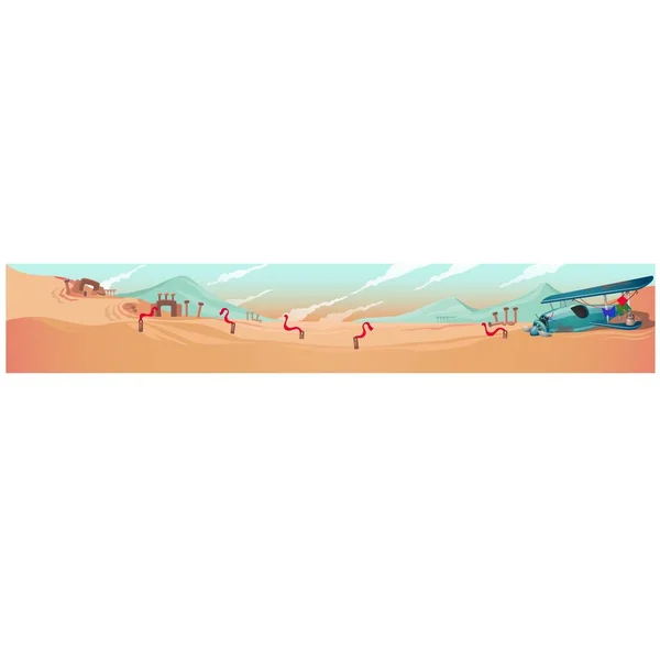 Αφίσα με το τοπίο της ερήμου και τα ναυάγια του αεροσκάφους. Διάνυσμα καρτούν εικονογράφηση γκρο πλαν. — Διανυσματικό Αρχείο