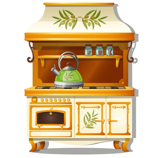 Set da cucina in legno con piano cottura a gas e ripiano per spezie isolato su fondo bianco. Illustrazione ravvicinata del fumetto vettoriale . — Vettoriale Stock