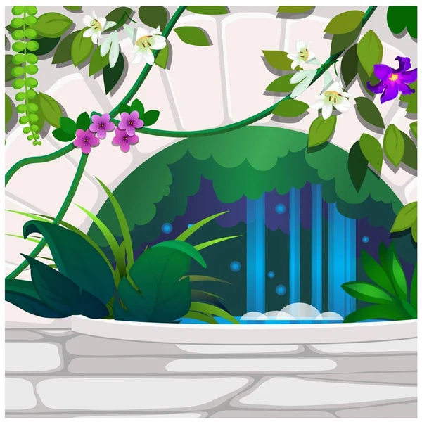 Artificial garden of tropical flowers and stone decor. Poster on the theme of nature. Growing plants in the greenhouse. Vector cartoon close-up illustration. — Stock Vector