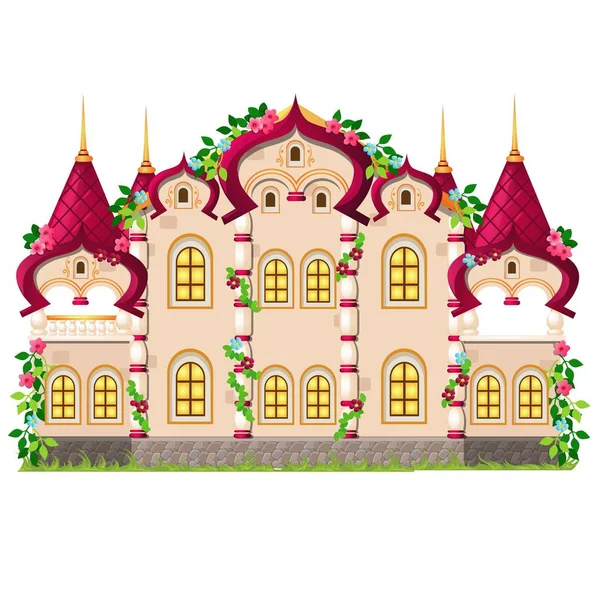 Fairytale castle festively decorated with flowers isolated on white background. Vector cartoon close-up illustration. — Stock Vector
