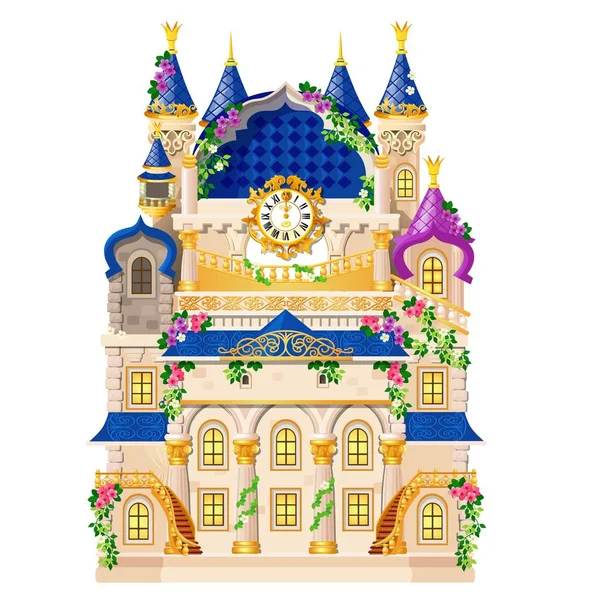 Fairytale castle festively decorated with flowers and golden watch isolated on white background. Vector cartoon close-up illustration. — Stock Vector