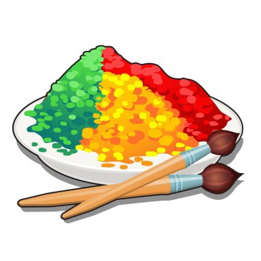 Bir tabak içinde renkli gıda boyaları ve beyaz arka plan üzerinde izole iki fırçalar kümesi. Vektör karikatür yakın çekim Şekil.