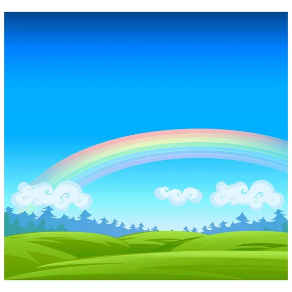 Landscape with coniferous forest on the horizon, clouds, rainbow and grassy meadow. Vector cartoon close-up illustration. — Stock Vector
