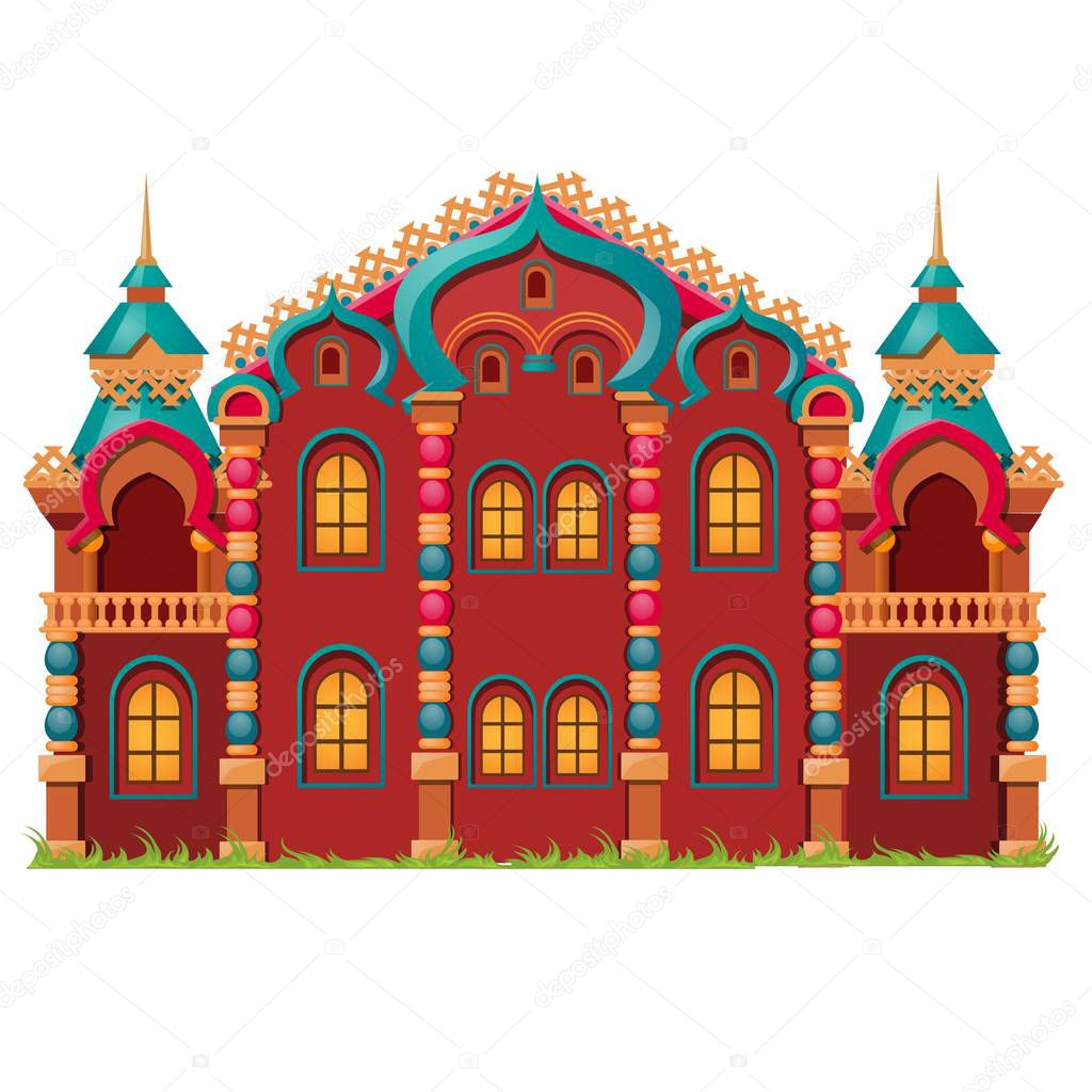 Fairytale castle festively decorated isolated on white background. Vector cartoon close-up illustration.