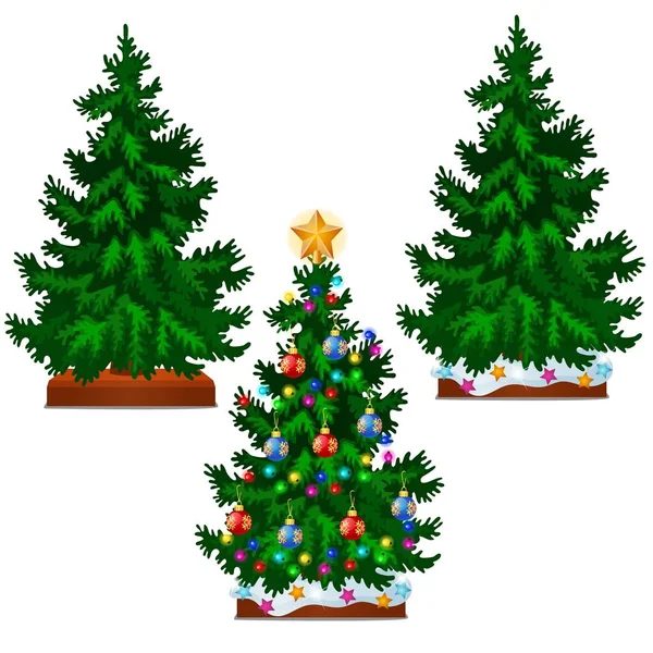 Weihnachtsbaum mit bunten Kugeln, Stern, Spielzeug und Christbaumkugeln isoliert auf weißem Hintergrund. Skizze für Grußkarte, Festplakat oder Party-Einladungen. Die Attribute von Weihnachten und Neujahr. Vektor. — Stockvektor