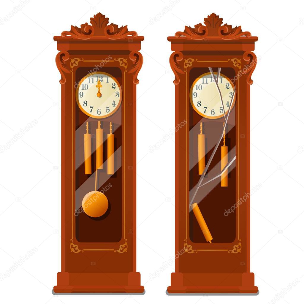 Antique wooden grandfather clock with broken glass isolated on white background. Vector cartoon close-up illustration.