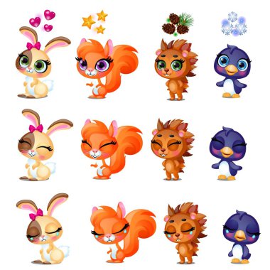 Beyaz arka plan üzerinde izole sevimli küçük hayvanlar komik ve hüzünlü duyguların kümesi. Vektör karikatür yakın çekim Şekil.