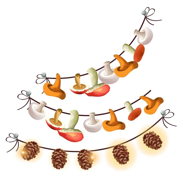 Os cogumelos e os cones secam-se em uma corda isolada no contexto branco. Desenhos animados vetoriais ilustração close-up . — Vetor de Stock