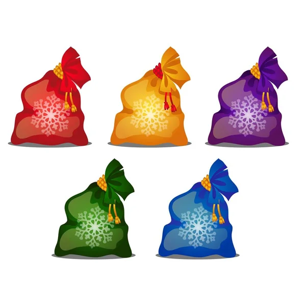 Conjunto de bolsas de colores con regalos de Navidad o año nuevo aislados sobre fondo blanco. ilustración de primer plano de dibujos animados vectoriales . — Vector de stock